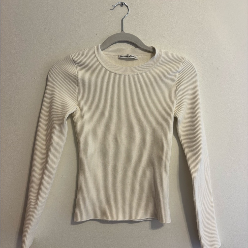 Abercrombie & Fitch Cream Ribbed Long-Sleeve Crewneck Top
